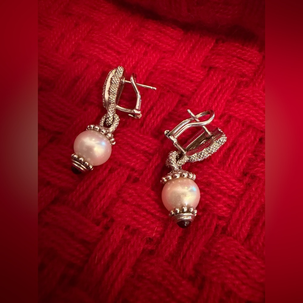 JUDITH RIPKA STERLING SILVER EARRINGS, PEARL & GARNET